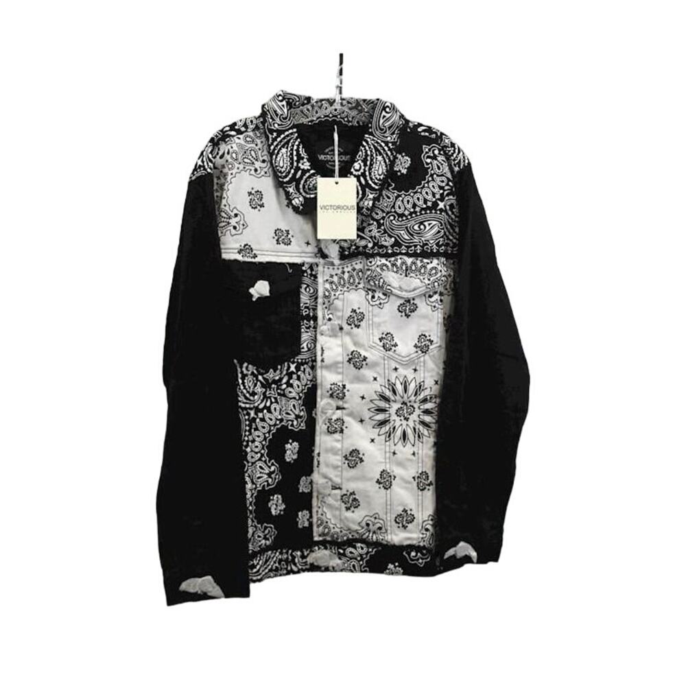 Victorious Colorblock Distressed Bandana Paisley Denim Button Jacket L - Picture 2 of 8